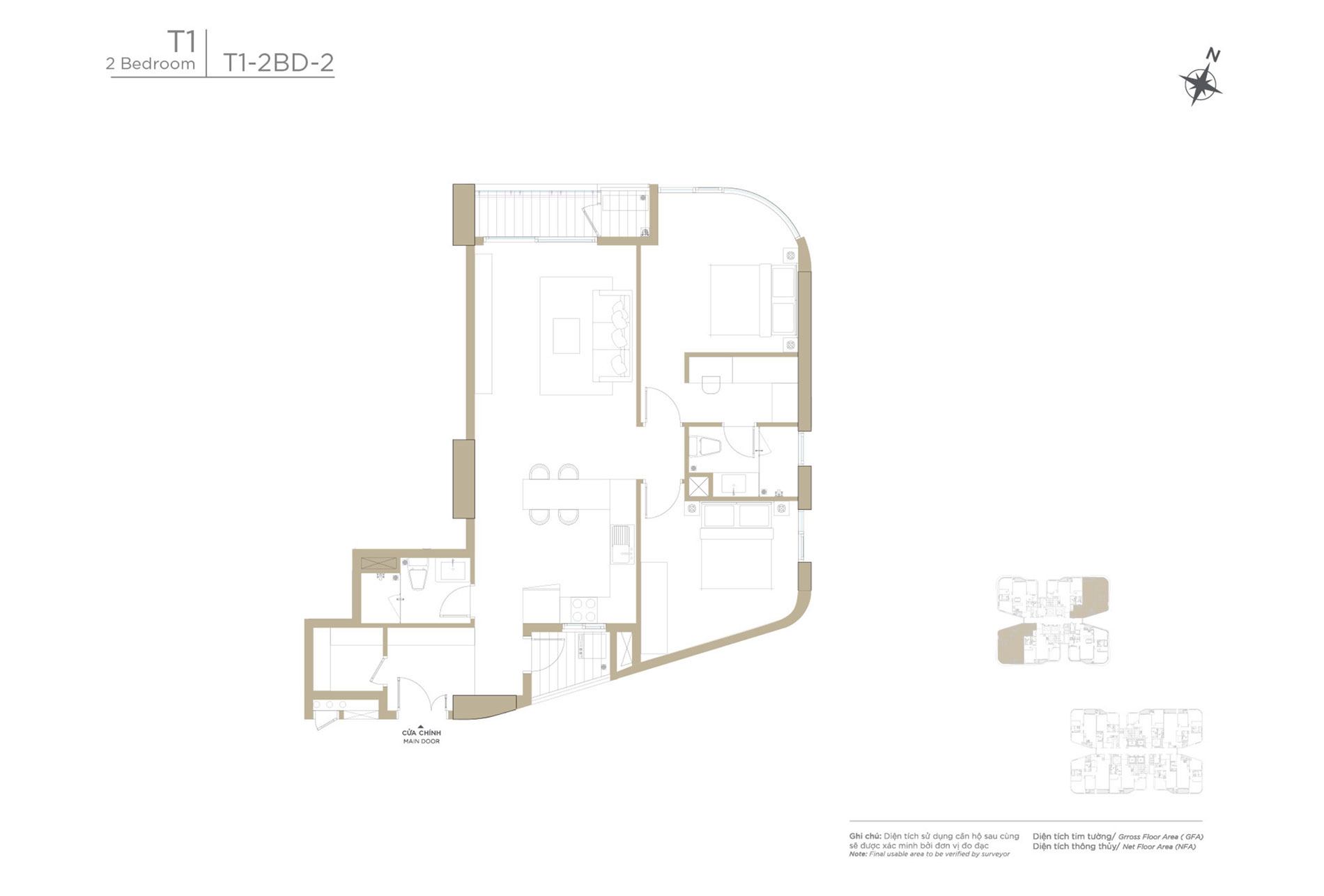 Layout căn hộ Zeit River tòa Tháp T1 - Thiết kế 2 phòng ngủ, loại T1-2BD-2.