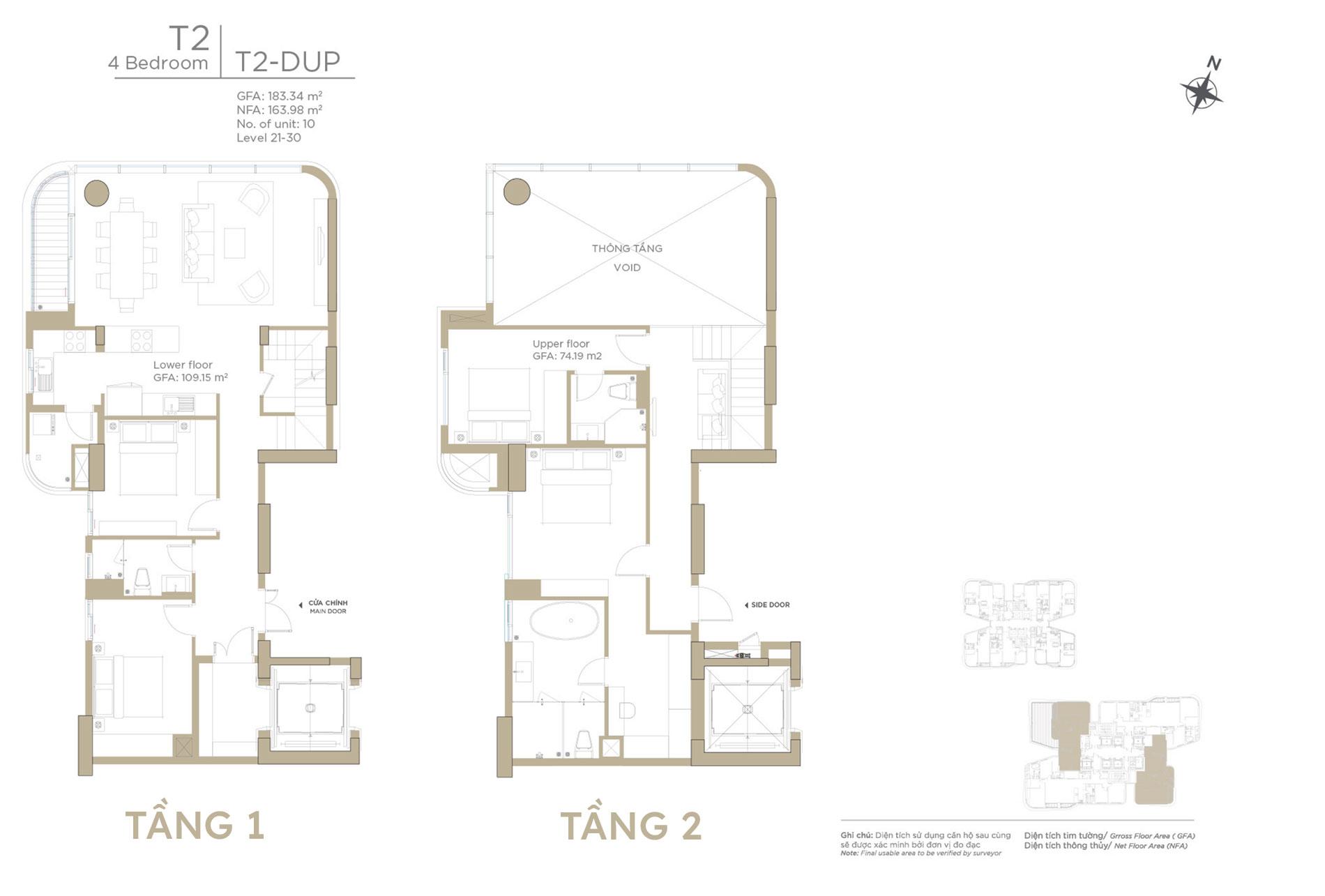 Layout căn hộ Duplex Zeit River tòa Tháp T2 - Thiết kế 4 phòng ngủ, loại T2-DUP.