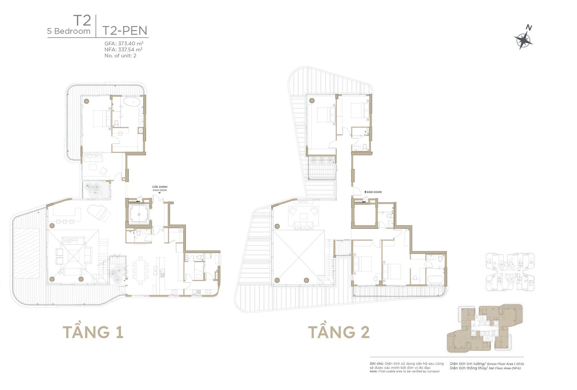 Layout căn hộ Penthouse Zeit River tòa Tháp T2 - Thiết kế 5 phòng ngủ, loại T2-PEN.