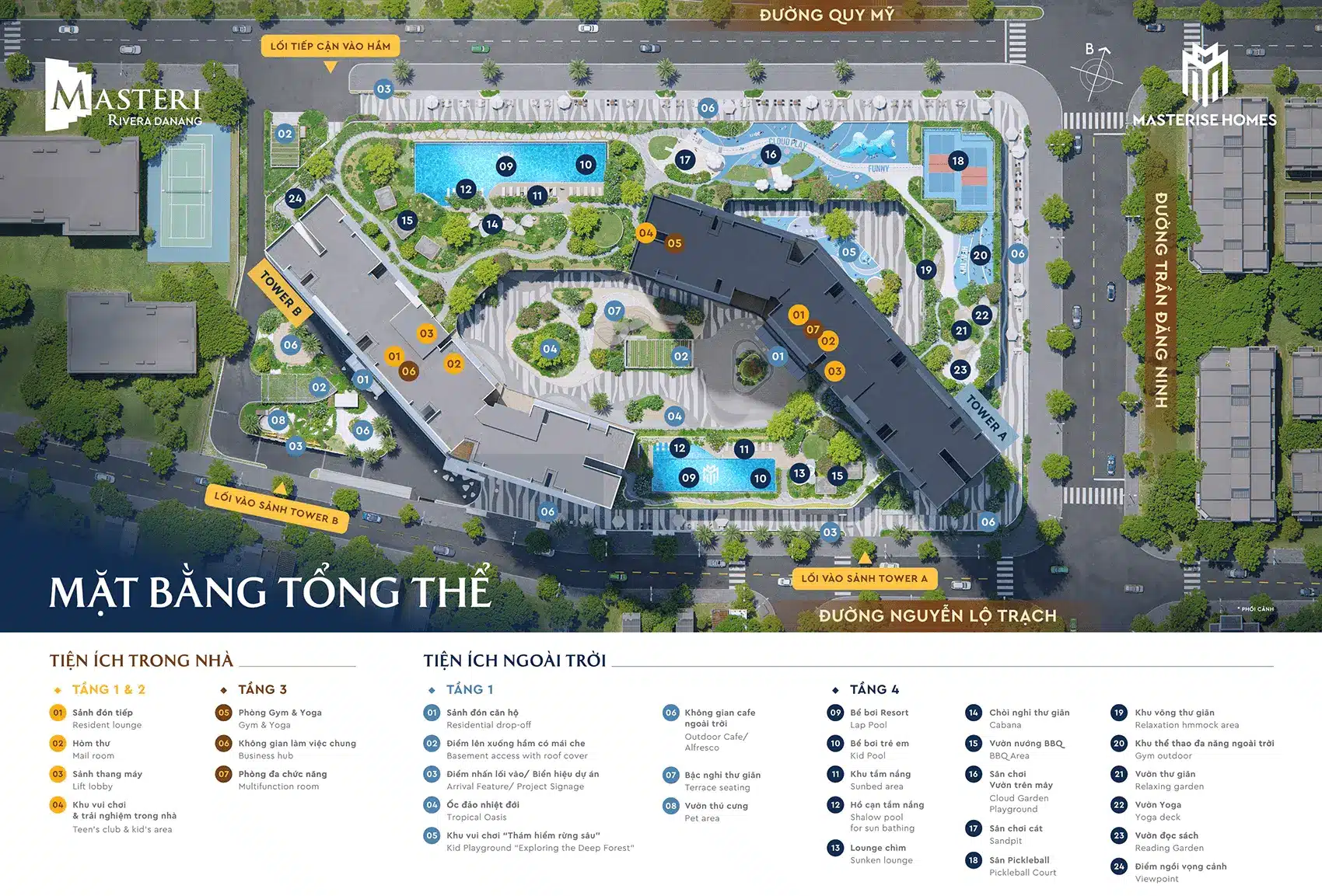 Mặt bằng tổng thể Masteri Rivera Đà Nẵng với hệ thống 31 tiện ích đa dạng, từ hồ bơi resort đến vườn BBQ.