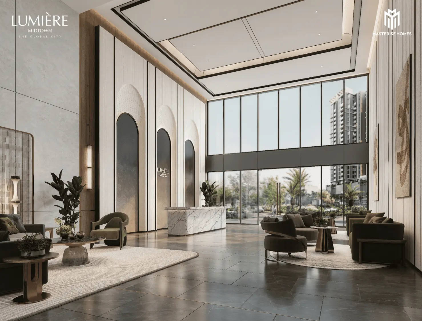 Sảnh chờ sang trọng của LUMIÈRE Midtown kết hợp tinh tế giữa thiên nhiên và kiến trúc hiện đại.