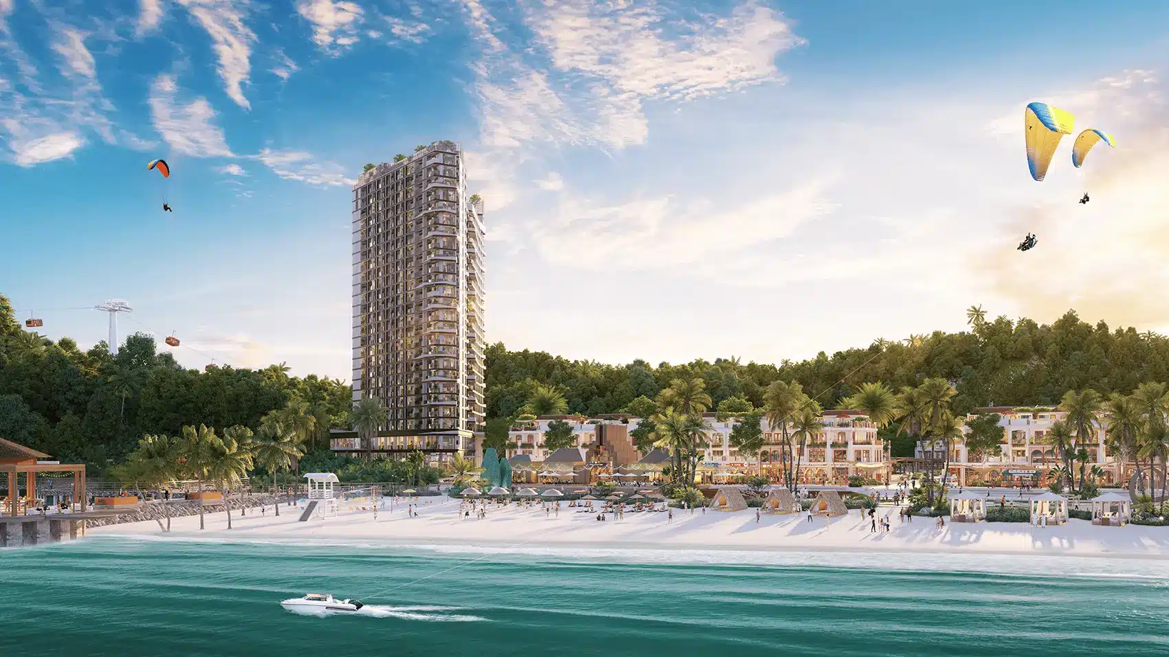 Toàn cảnh dự án Xanh Island Cát Bà với bãi tắm nhân tạo và kiến trúc độc đáo ven biển.